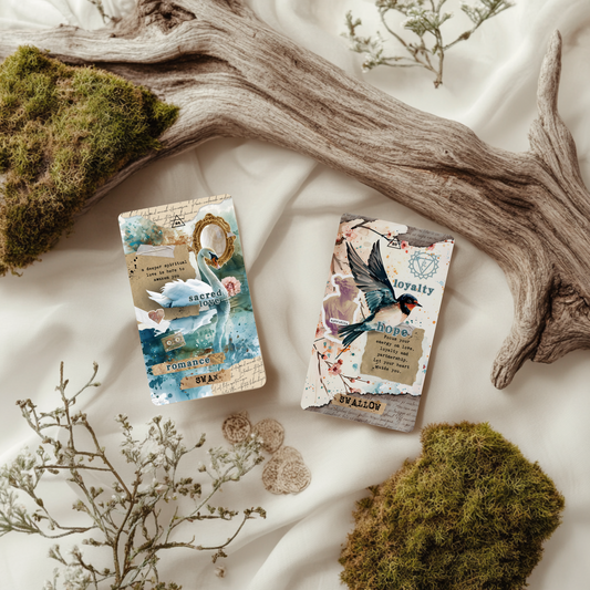 Close-up of the Animal Spirit Oracle Deck featuring layered scrapbook-style art and spiritual symbolism. This deck is designed to help intuitive readers connect with animal spirit guides, receive energy messages, and channel healing wisdom. A powerful tool for empaths, mystics, and soul seekers.