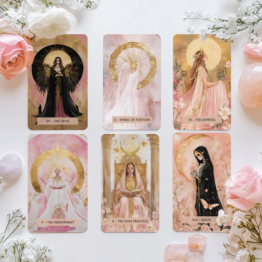 A close-up of the Sacred Femme Tarot Deck card artwork, showcasing pastel pinks, gold accents, and soft feminine design. Created to spark inner reflection and connection with your intuition through beautiful, mystical symbolism.