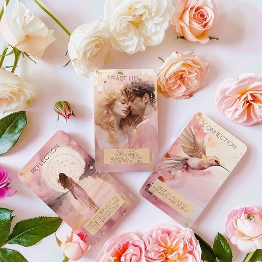 A close-up of three oracle card from the Femme Spirit Oracle Deck, showcasing dreamy, AI-generated artwork and a powerful channeled message. This spiritual card deck is designed to awaken intuition and support soulful connection.