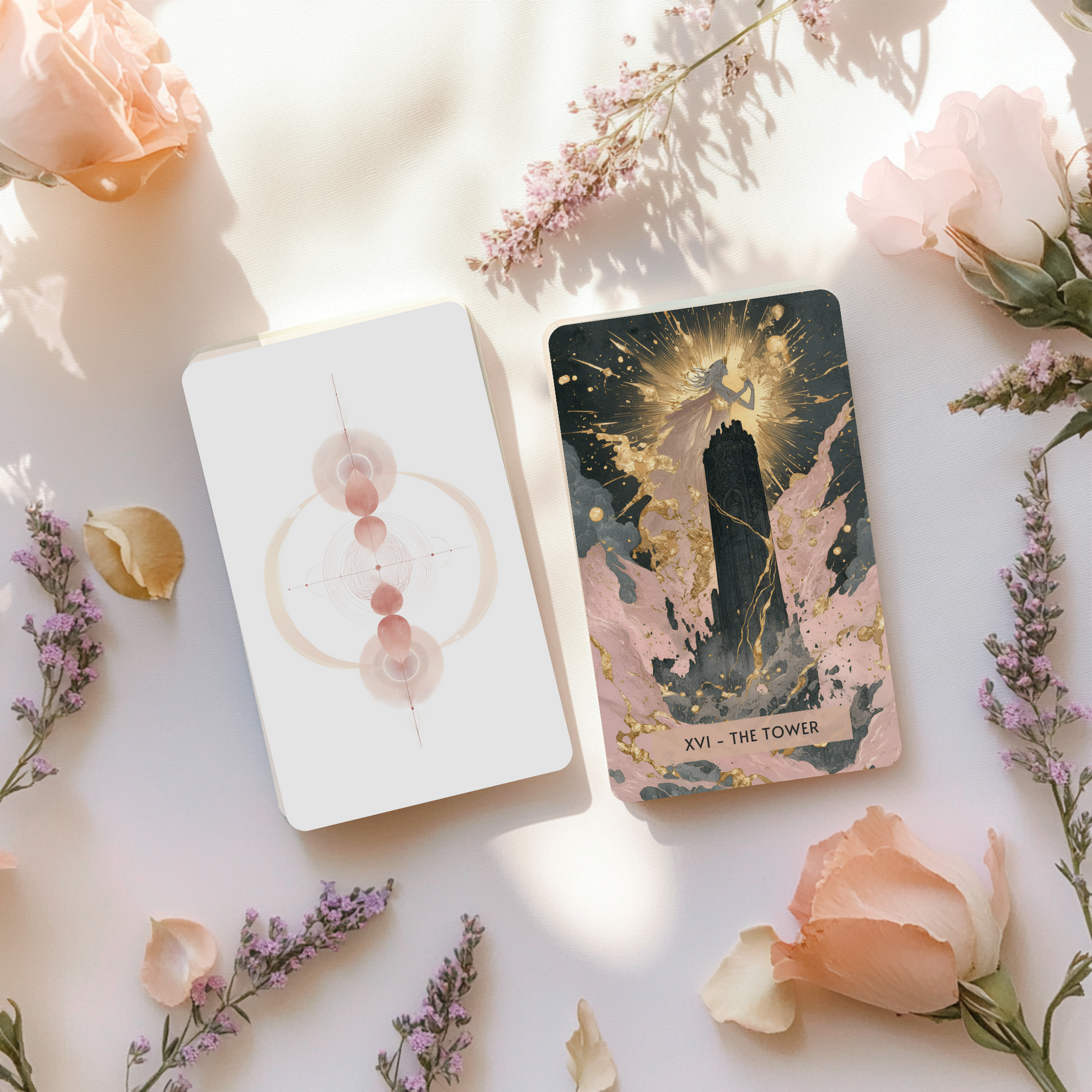 The Sacred Femme Tarot Deck shown alongside its digital guidebook. Includes 78 beautifully illustrated cards to support deep reflection, spiritual insight, and empowered decision-making through the divine feminine lens.
