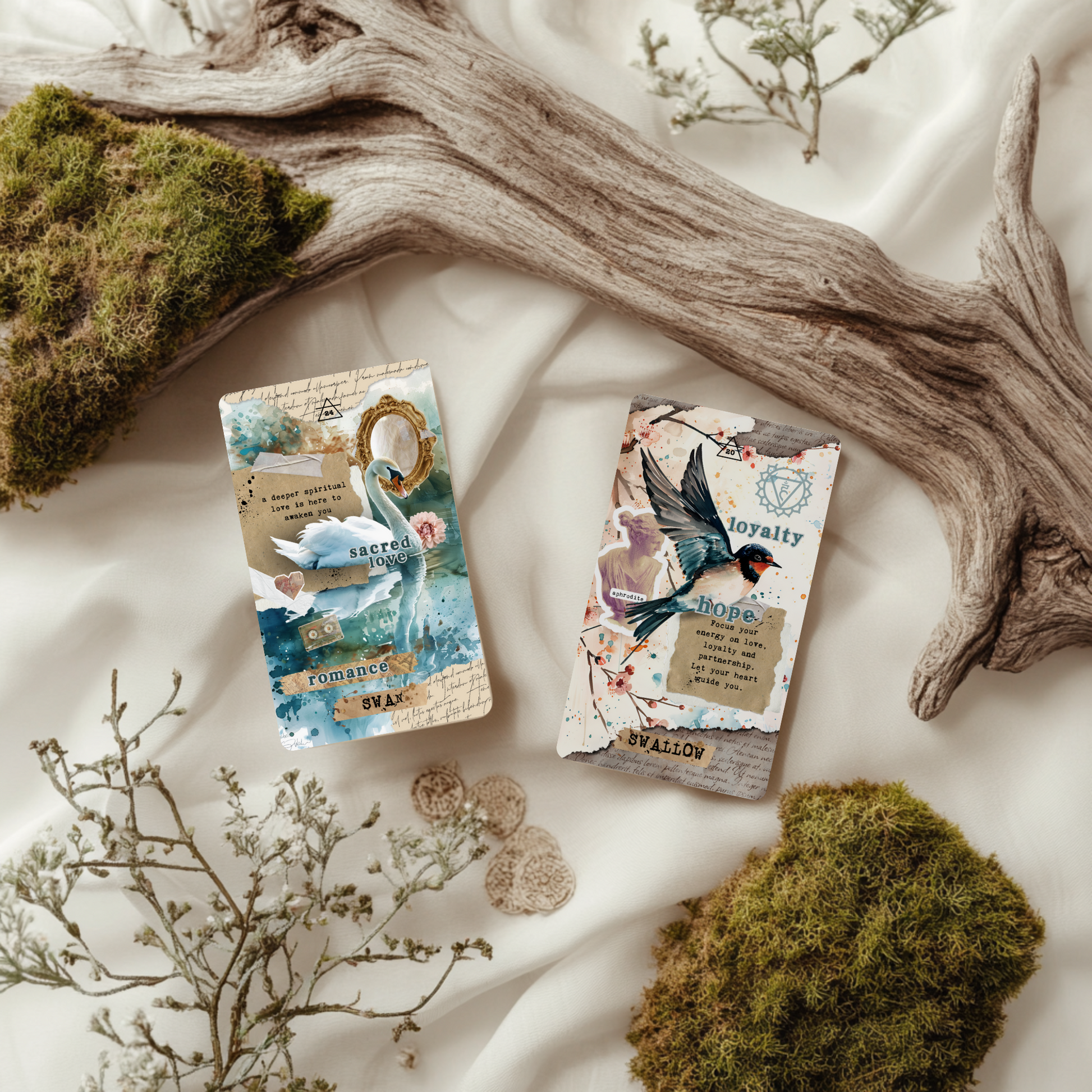 Close-up of the Animal Spirit Oracle Deck featuring layered scrapbook-style art and spiritual symbolism. This deck is designed to help intuitive readers connect with animal spirit guides, receive energy messages, and channel healing wisdom. A powerful tool for empaths, mystics, and soul seekers.