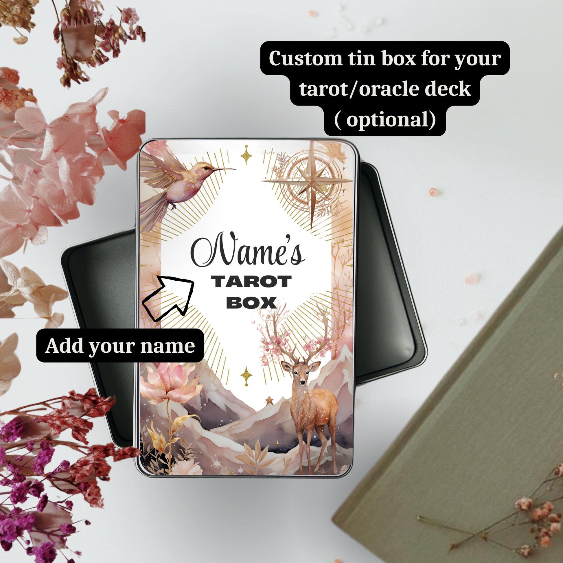 A personalized tin box for the Femme Spirit Oracle Deck, customized with your name. A beautiful and sacred way to store your oracle cards, combining divine feminine energy with functional design—perfect for gifting or honoring your spiritual tools.