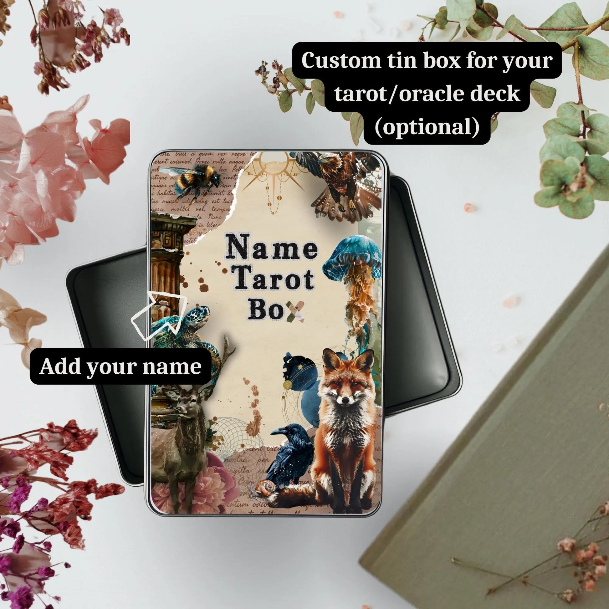 Photo of the customizable tin box designed for the Scrapbook of Animal Spirit Oracle Deck, featuring a whimsical, collage-style animal design. This tin box is perfect for storing your spirit animal oracle cards safely while on the go. A stylish, protective case for spiritual readers, empaths, and energy workers.