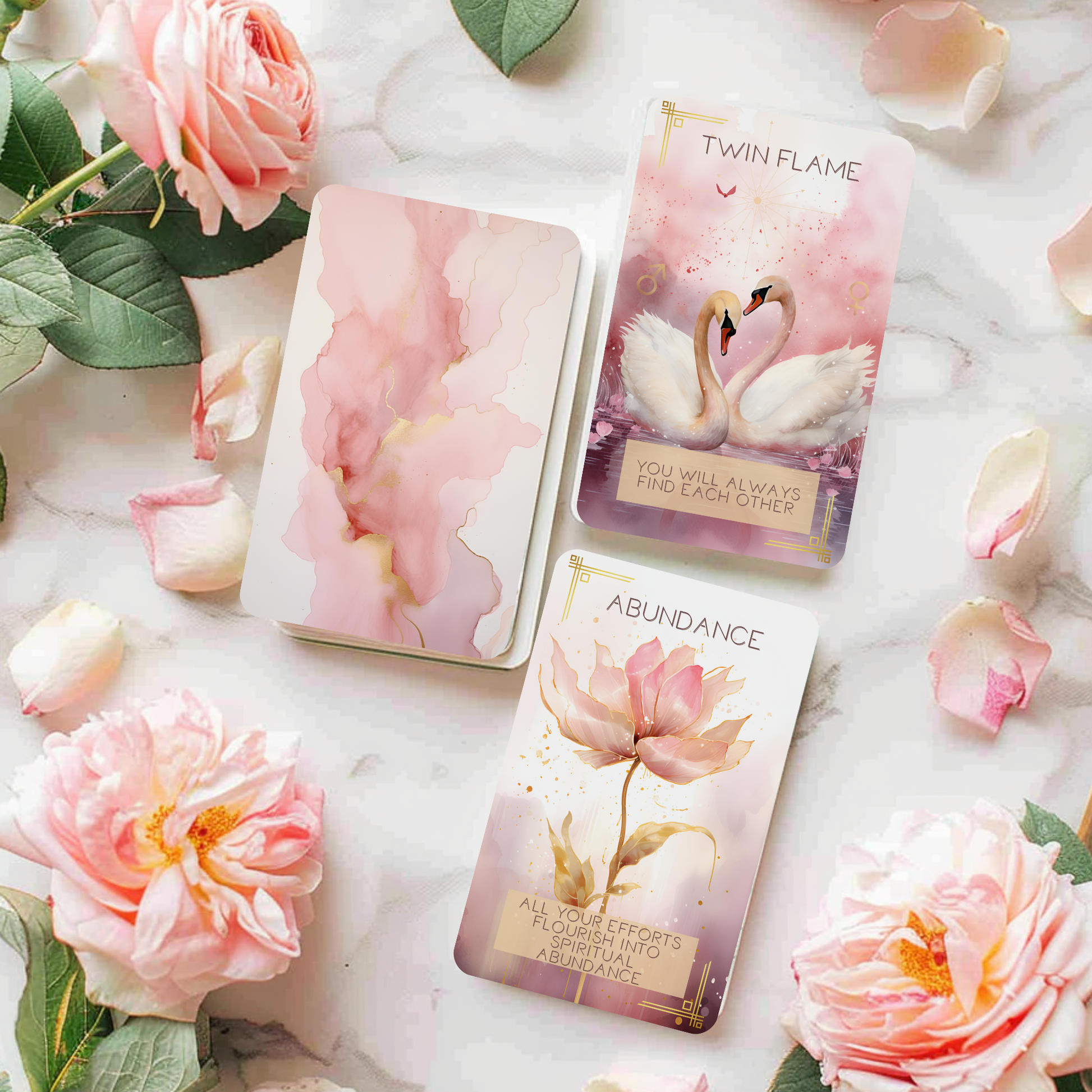 The Femme Spirit Oracle Deck displayed in a serene, feminine setting—perfect for connecting with divine guidance, inner healing, and soulful clarity. A 42-card oracle deck with channeled messages, intuitive art, and spiritual energy for daily use.