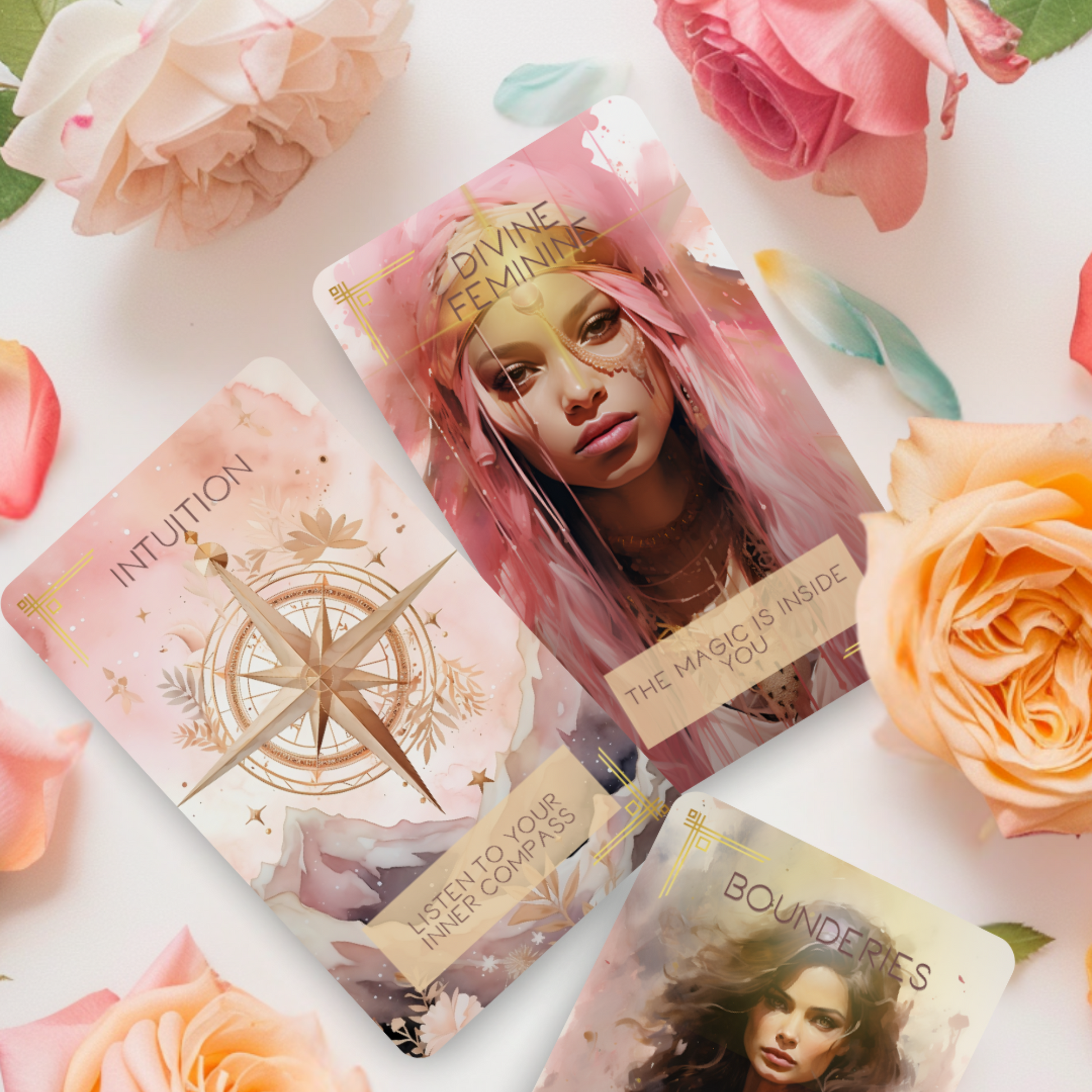 A feminine-inspired flat lay featuring the Femme Spirit Oracle Deck alongside healing crystals, soft fabrics, and candles. Perfect for showcasing how this deck fits into daily rituals, altar setups, or sacred spaces.