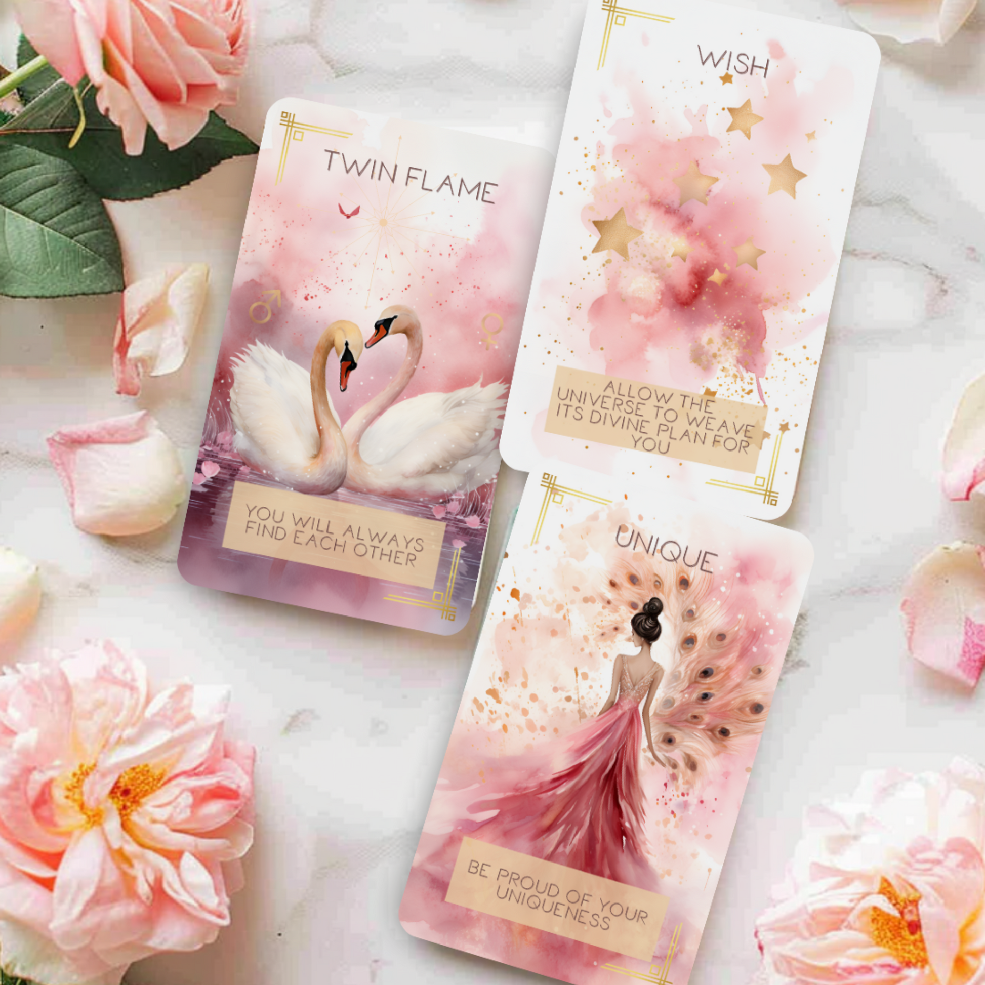  A styled flat lay of the Femme Spirit Oracle Deck mid-reading, with a few cards pulled to show how the deck can be used for intuitive insight and personal reflection. Soft lighting and feminine accents create a calming spiritual atmosphere.