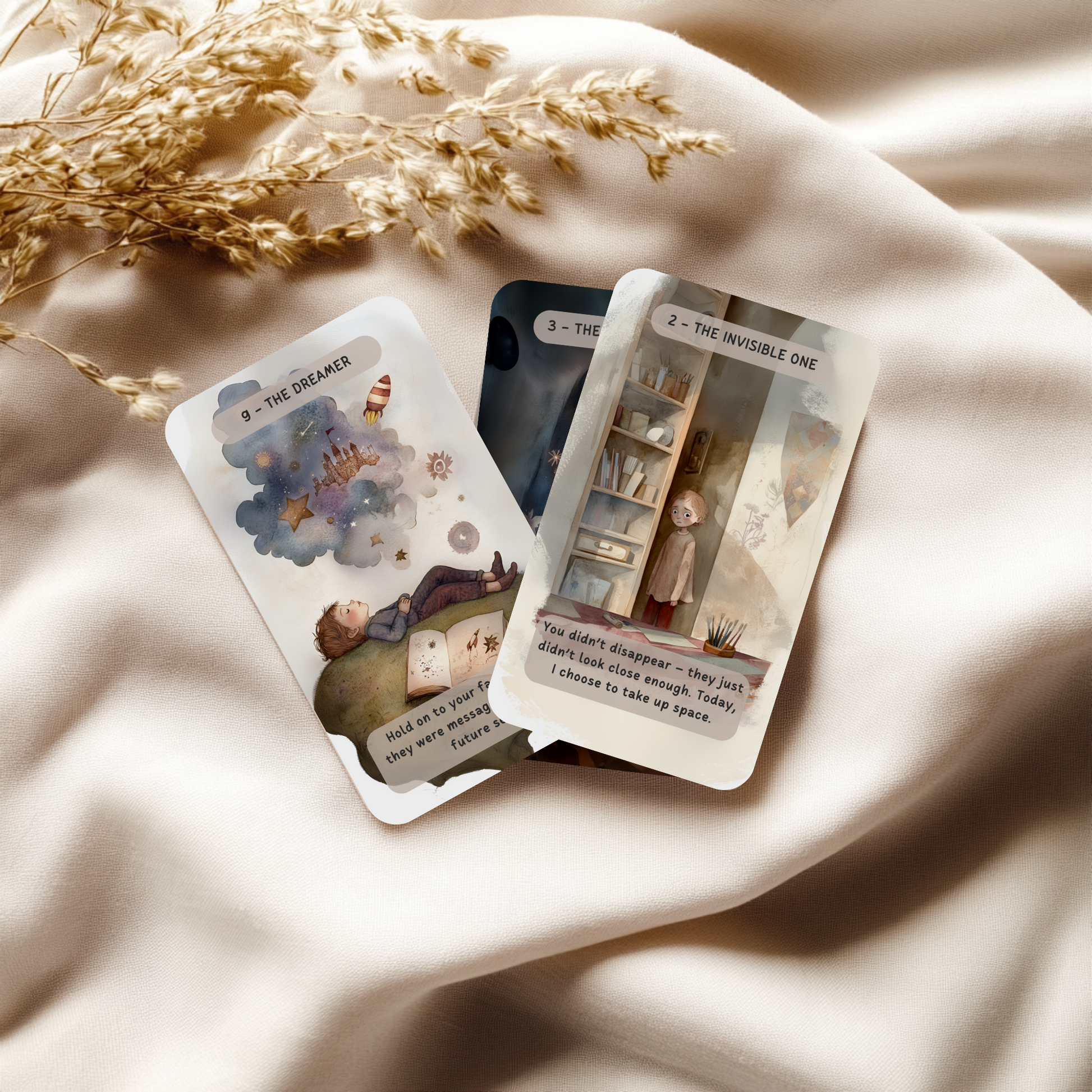 A warm flat lay of The Child Within Oracle Deck. Created to guide gentle emotional healing, this deck helps uncover childhood wounds and nurture lost parts of the self. Ideal for inner work journaling, energy healing, and reconnecting with your true emotional essence.