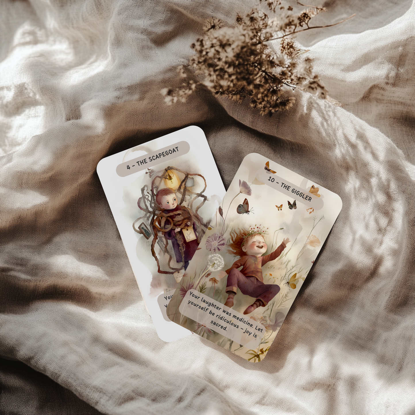 The Child Within Oracle Deck shown in a soft, comforting scene. Each card holds supportive prompts for reconnecting with your inner child, processing emotions, and practicing reparenting techniques. Perfect for shadow work rituals, healing sessions, and those seeking deeper emotional clarity and inner peace.
