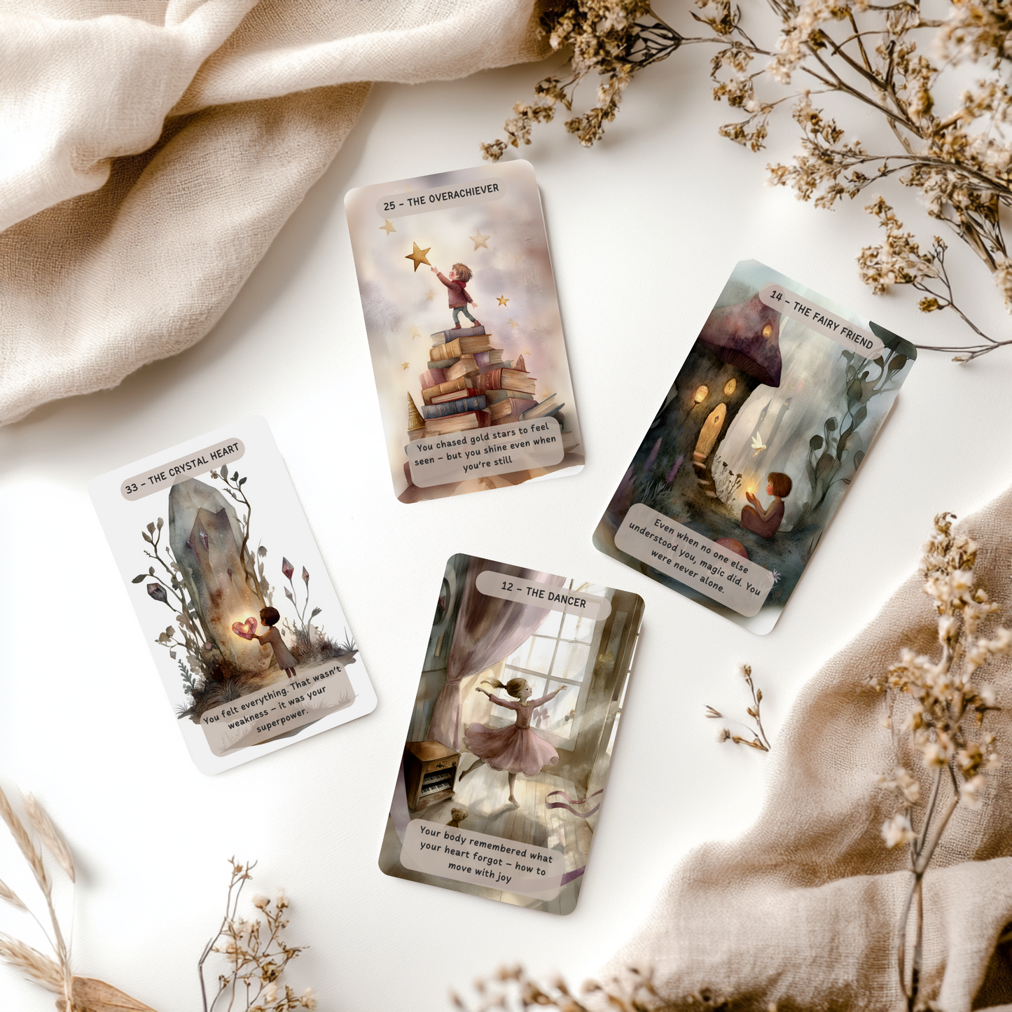 The Child Within Oracle Deck shown in a mindful setup with grounding objects. Designed to guide shadow work and emotional release, this oracle deck helps you reconnect with your inner child and process suppressed feelings with compassion. A healing tool for introspection, growth, and heart healing.