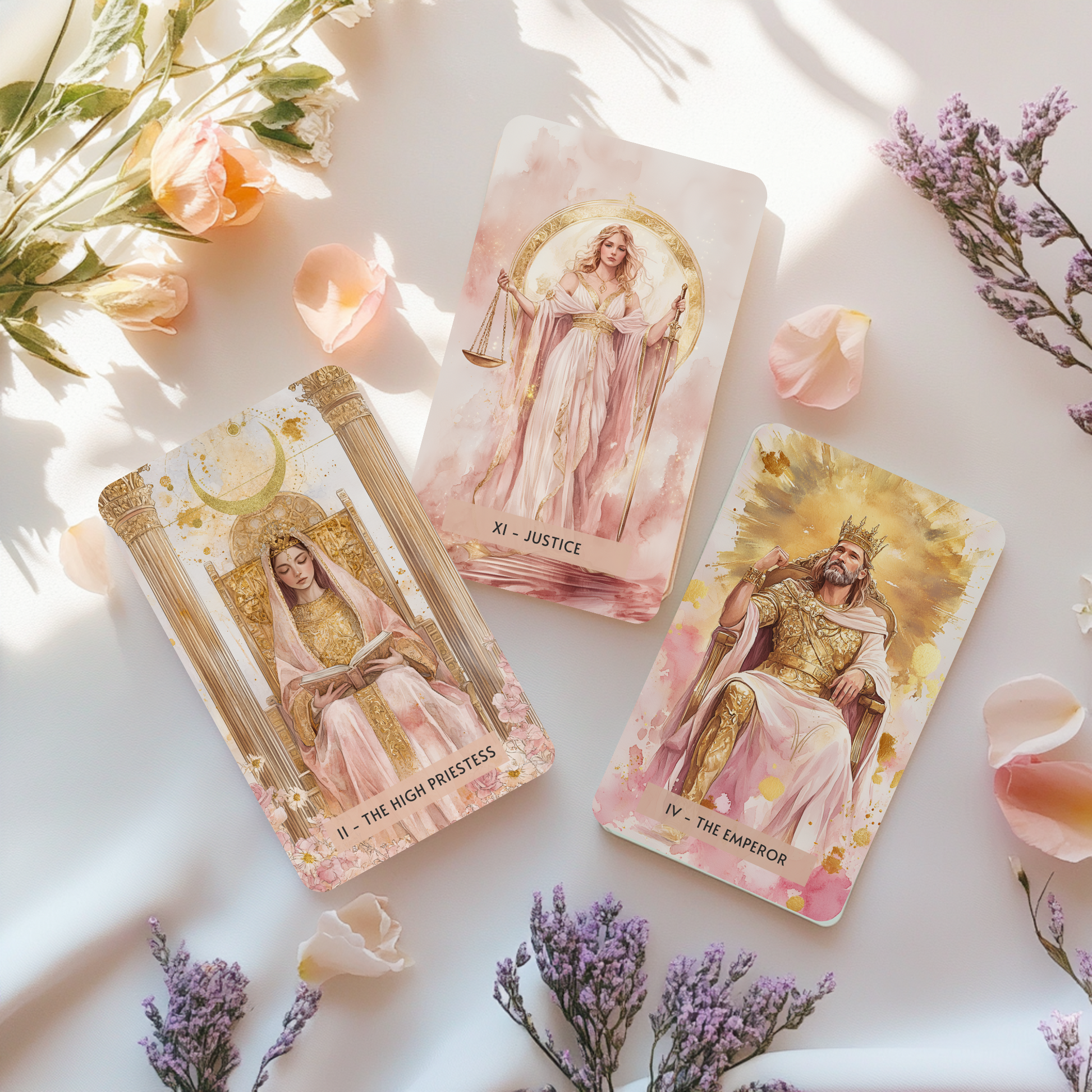 A detail shot of the Sacred Femme Tarot Deck’s signature pink and gold color palette—symbolizing divine feminine energy, softness, and spiritual power. Perfect for intuitive readers, healers, and lightworkers.