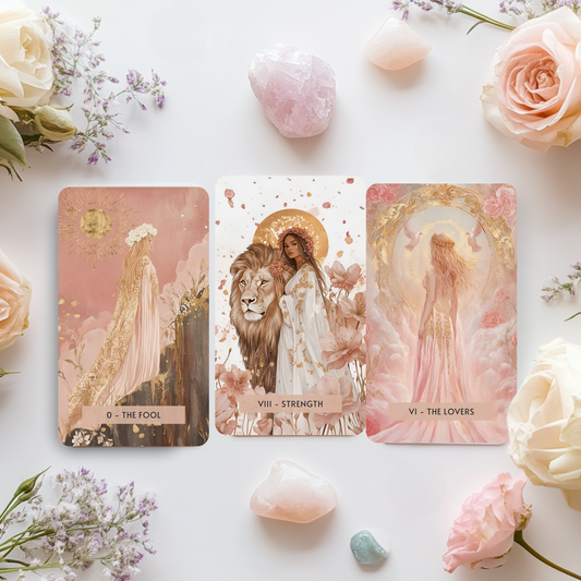 A full spread of the Sacred Femme Tarot Deck, featuring 78 tarot-sized cards infused with divine feminine energy. Designed for intuitive readings, spiritual growth, and inner wisdom—perfect for anyone on a healing journey or seeking clarity.