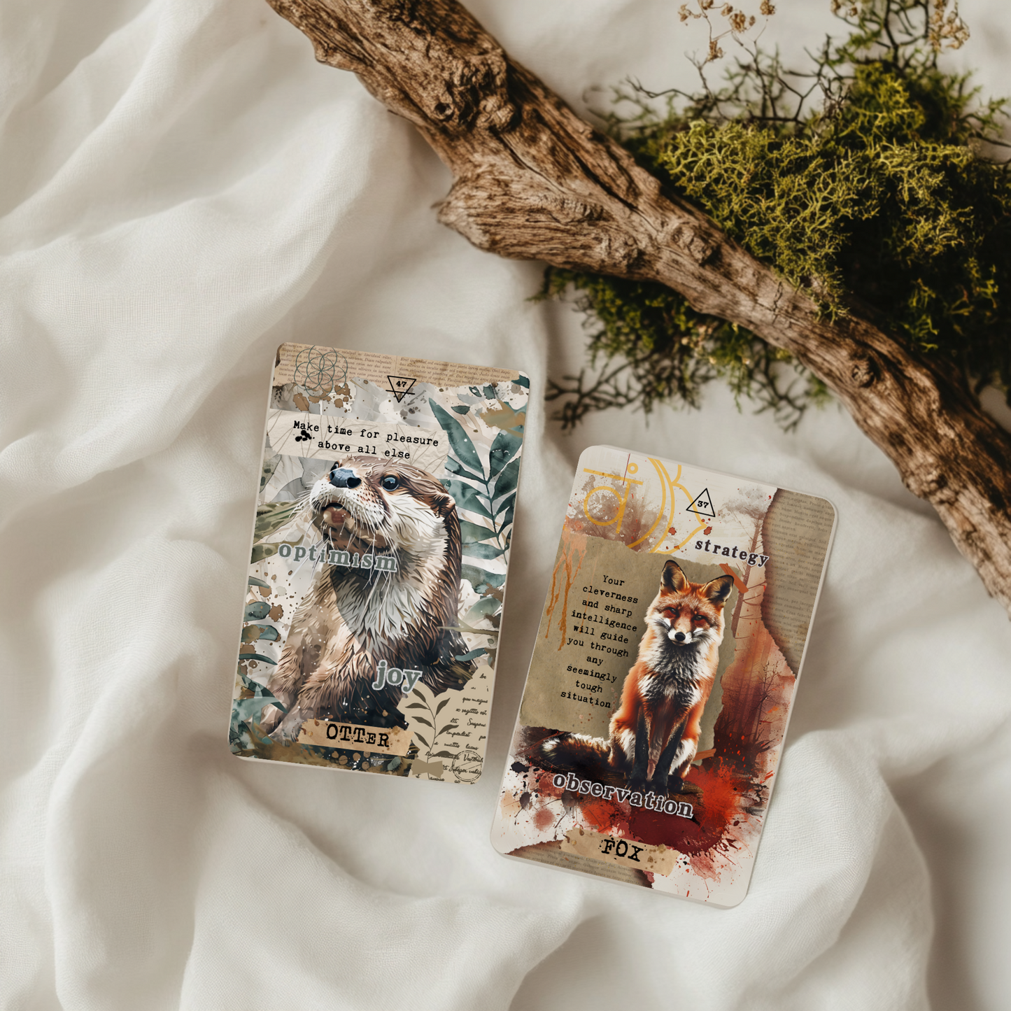 Whimsical animal oracle cards from the Scrapbook of Animal Spirit Deck displayed in a nature-inspired setup. These unique collage oracle cards offer intuitive messages from spirit animals to support healing, insight, and transformation. Great for tarot readers, energy workers, and spiritual practitioners.