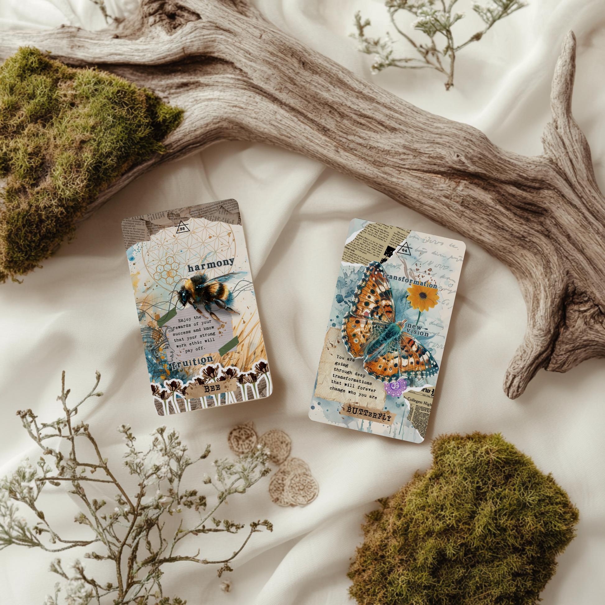 Scrapbook of Animal Spirit Oracle Deck laid out with earthy textures and nature inspired objects such as moss, wood, greenery. This unique oracle deck uses handmade collage visuals to channel messages from spirit animals, supporting empaths, intuitive readers, and healers in their daily rituals and energy work. Designed for deep soul connection.