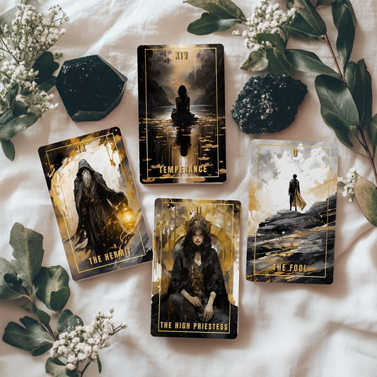 Shadow Path Tarot Deck displayed in a moody, reflective setting. A full 78-card tarot deck rooted in traditional meanings but focused on shadow work, emotional blocks, and inner healing. Ideal for deep introspection, spiritual awakening, and navigating the darker aspects of the self with clarity and compassion.
