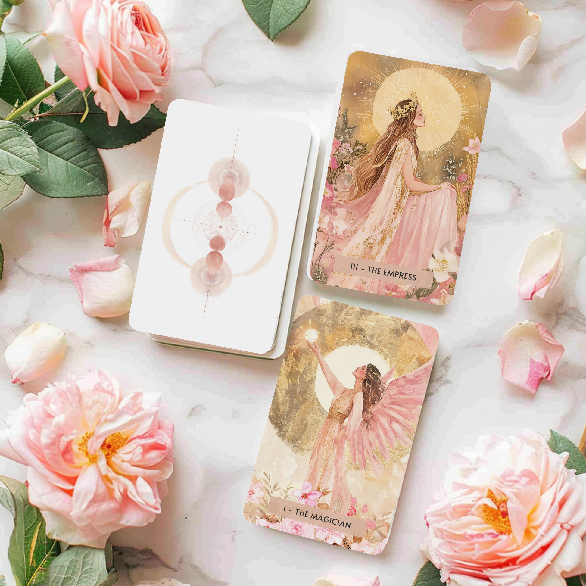  dreamy lifestyle setup featuring the Sacred Femme Tarot Deck with crystals and soft textures, creating a ritual space for feminine empowerment, self-discovery, and daily tarot journaling or moon work.