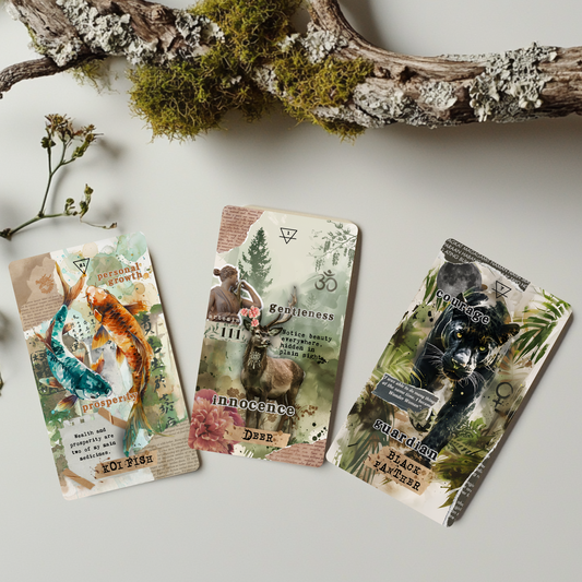 Flat lay of the Scrapbook of Animal Spirit Oracle Deck – a whimsical, collage-style oracle card deck for connecting with spirit animals, boosting intuition, and channeling animal energy. Ideal for spiritual women, energy healers, and intuitive readers looking to deepen their animal spirit practice.