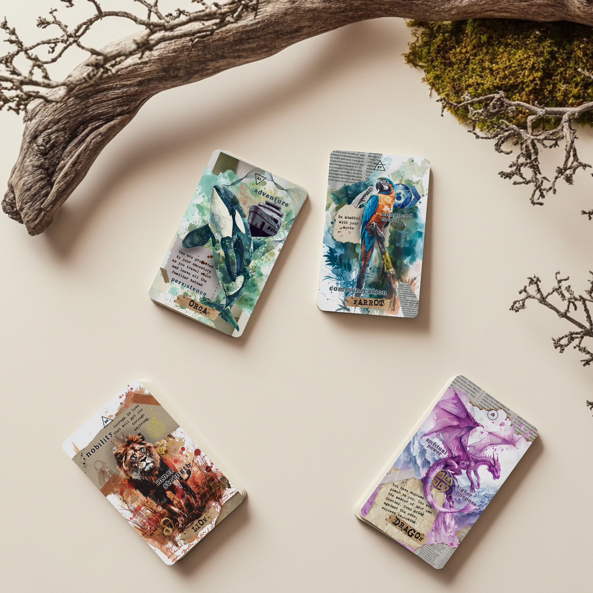 The Scrapbook of Animal Spirit Oracle Deck captured in a cozy, nature-inspired setting. Each card is a collage of intuitive animal symbolism, offering messages of wild wisdom, healing, and self-trust. A magical tool for connecting with your animal guides, enhancing intuition, and deepening spiritual practice.