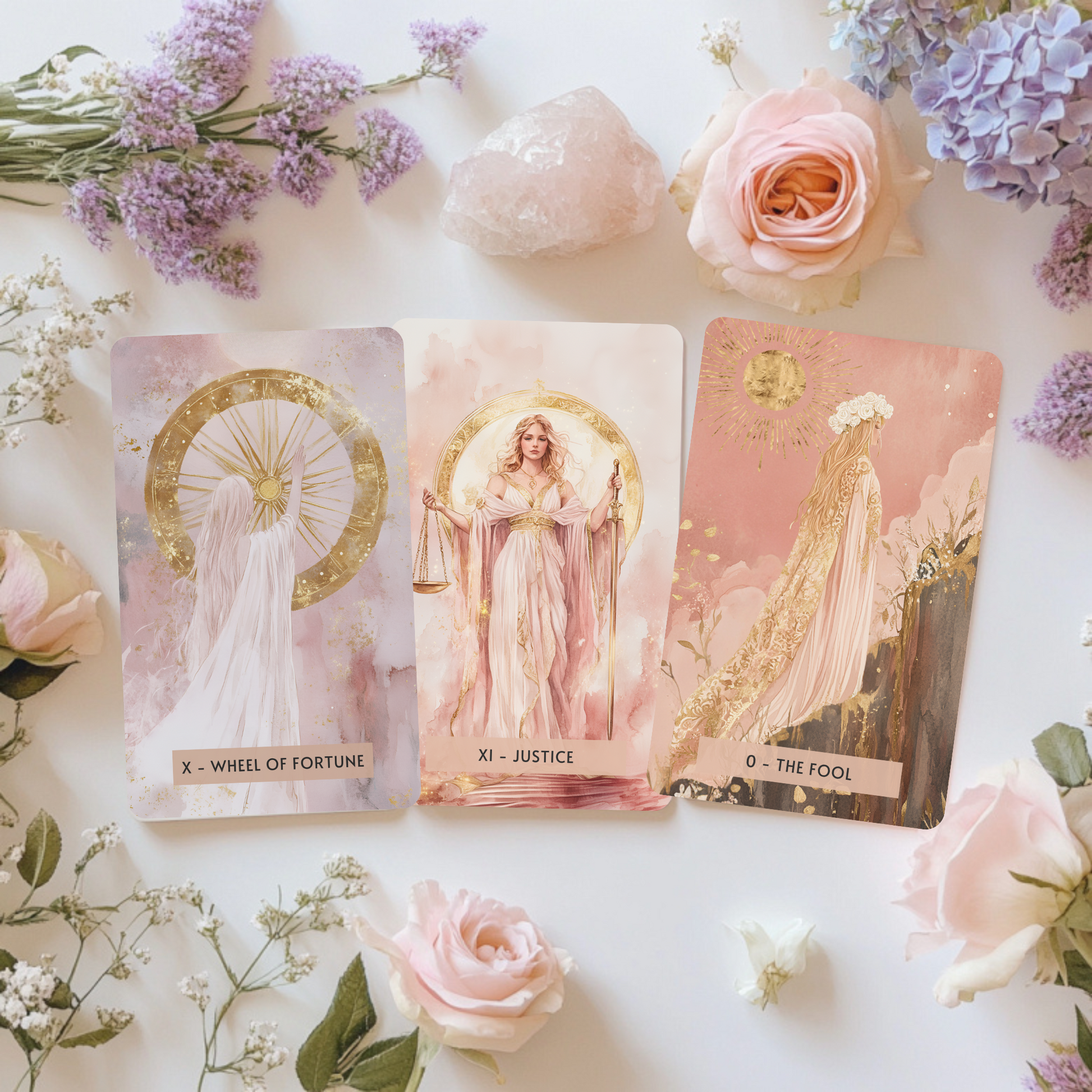 A serene flat lay of the Sacred Femme Tarot Deck in use, with pulled cards arranged for a reading. Ideal for daily tarot pulls, self-reflection, and connecting with your higher self in a feminine, calming space.